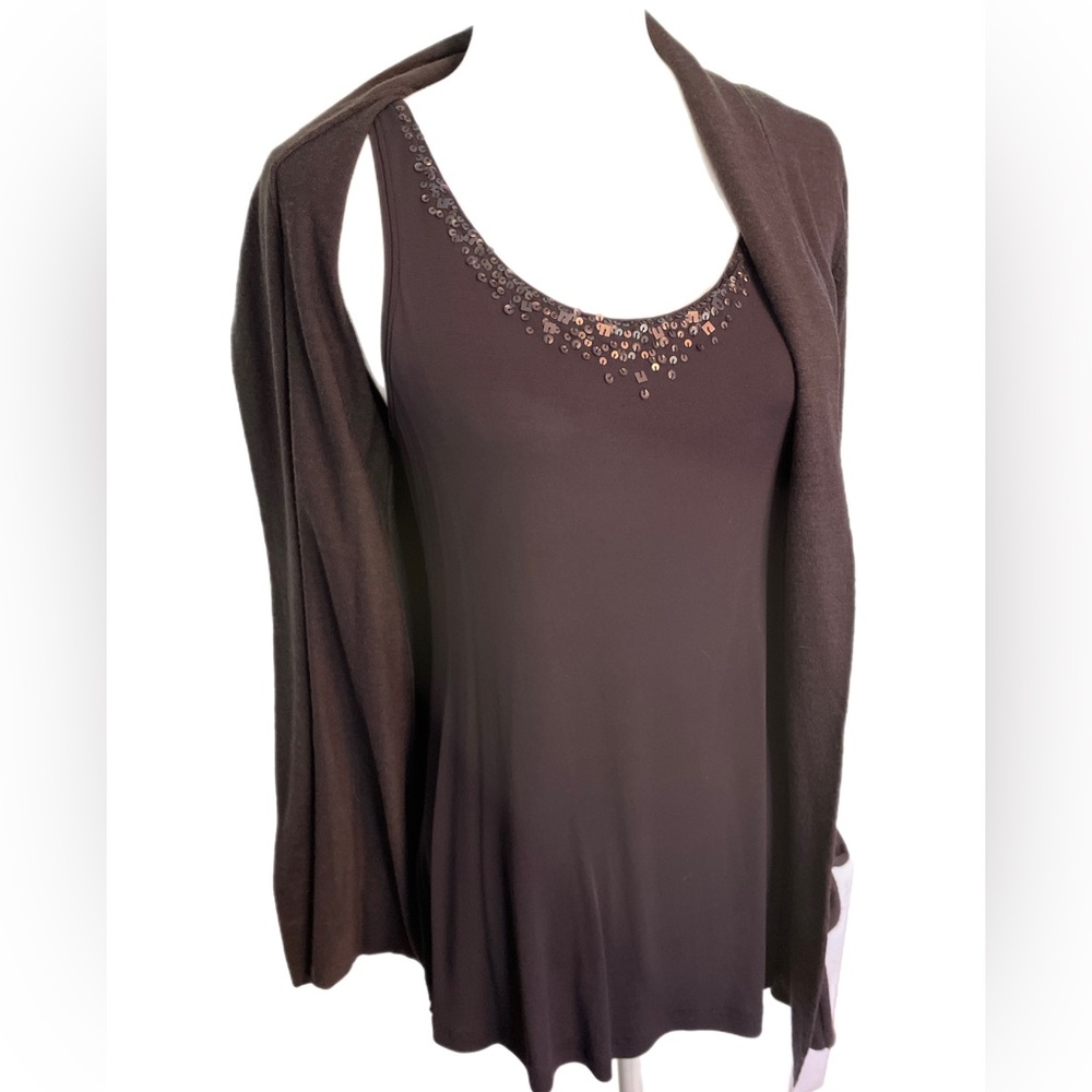 Eileen Fisher system twinset plum purple beaded cami with cardigan set XS